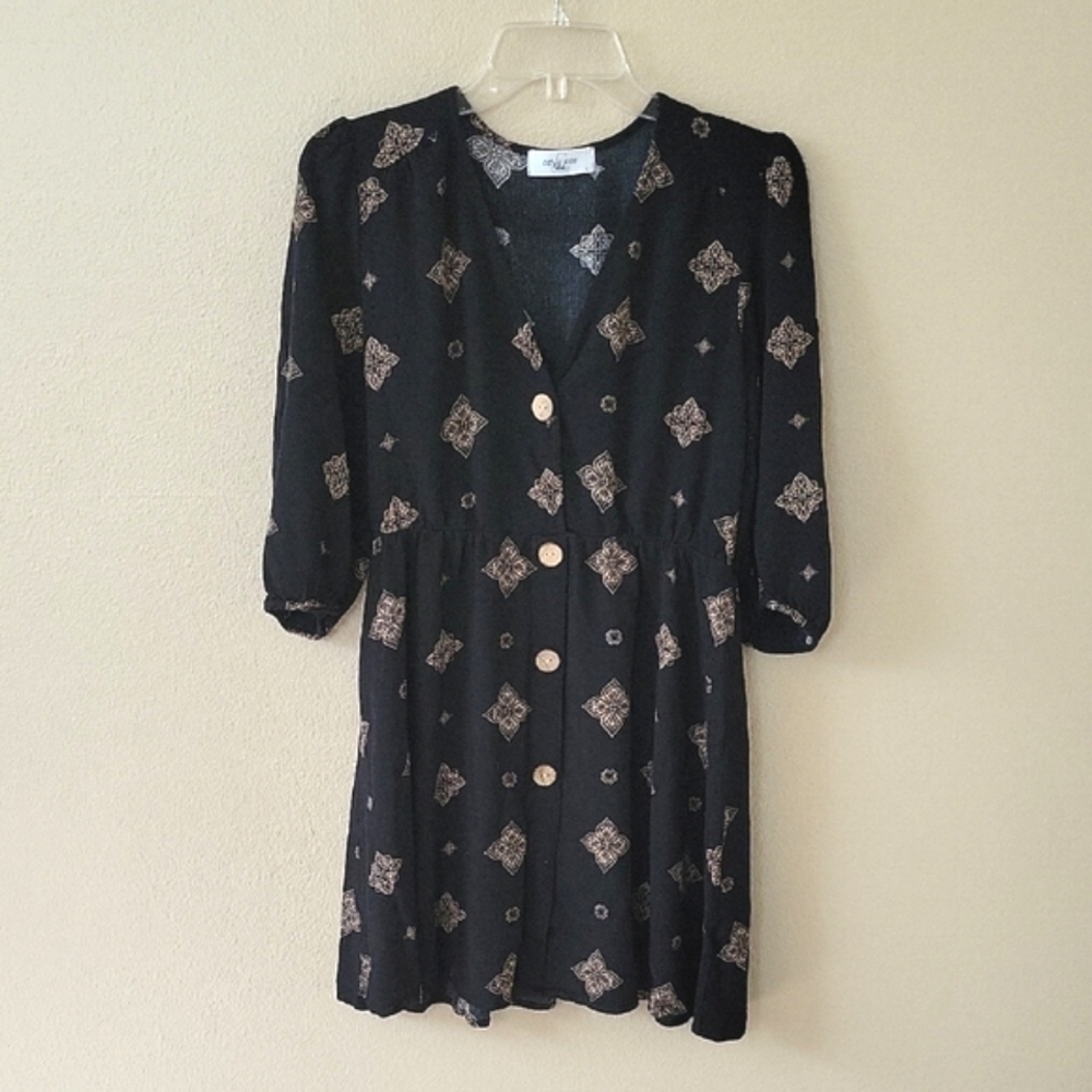 Carly Jean Los Angeles Black Brown Boho Button Front Dress - Size Large